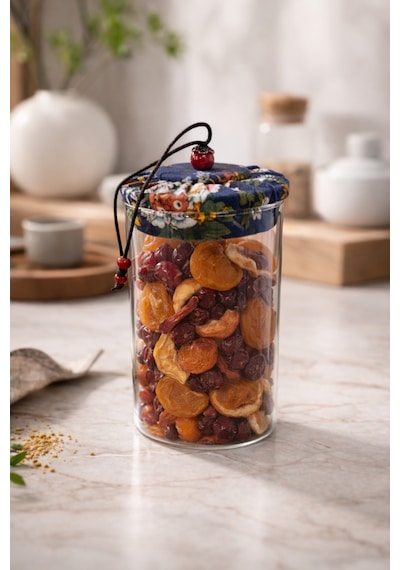 Makri Home 650 Ml Borosilikat Cam Hava Geçirmez Lacivert Kumaş Kaplama Bambu Kapaklı Kavanoz,çap: 8 Cm,h: 18 Cm Lacivert