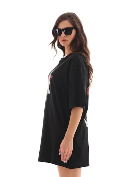 Modi Unisex Bisiklet Yaka Baskılı Oversize T-shirt - Siyah - Mymg112563