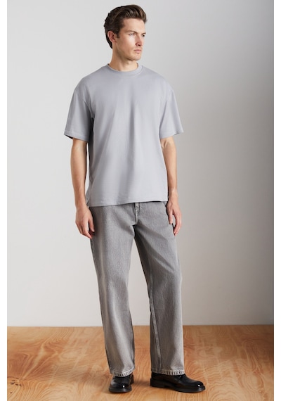 Grımelange Grımelange Jett Erkek Oversize Fit %100 Organik Pamuk Kalın Dokulu Bisiklet Yakalı Gri T-shirt Gri