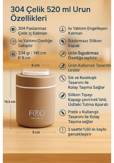 304 Çelik Kahverengi 520 Ml Yemek Mama Saklama Kabı Sıcak Tutmaz Cin418khv