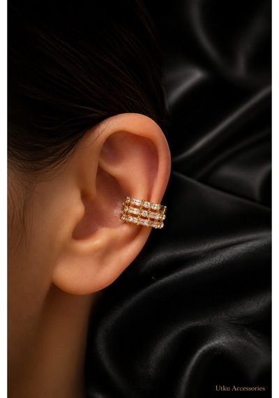Gold Sıralı Taşlı Çelik Küpe Earcuff Altın