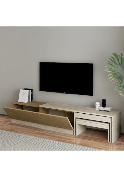 Nest Tv Sehpası Modern Tasarım,2 Kapaklı Depolama Ve İkili Zigon Sehpa İle Fonksiyonel Mobilya Meşe Nest Tv Sehpası Modern Tasarım,2 Kapaklı Depolama Ve İkili Zigon Sehpa İle Fonksiyonel Mobilya Meşe