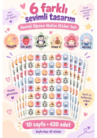 Sevimli Öğrenci Motivasyon Sticker Seti 420 Adet 10 Sayfa Tebrikler, Başardın, Devam Et Ve Ödül Etiketleri Çok Renkli