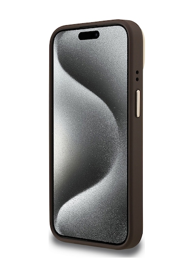 Apple Uyumlu iPhone 15 Kılıf Guess Lisanslı Metal 4g Ve Yazı Logolu Kamera Standlı Kapak Kahverengi