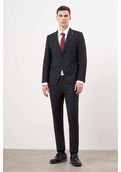 Morven Erkek Siyah Poliviskon Trend Desenli Slim Fit Sivri Yaka Takım Elbise 25mc001002001 Siyah
