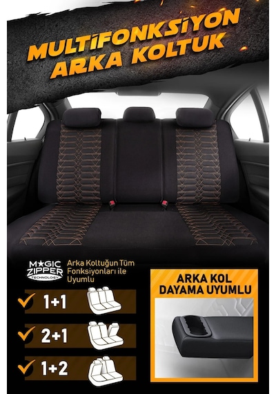 Siyah - Taba Panda Venedik Serisi Jakar Kumaş Oto Koltuk Kılıfı - Tam Set Gri - Siyah