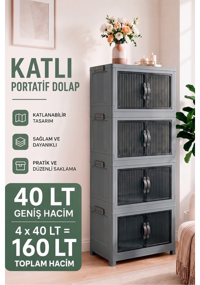 4 Katlı Plastik Kapaklı Portatif Dolap Çok Amaçlı Saklama Ayakkabı Düzenleyici, Mutfak Banyo Balkon Siyah