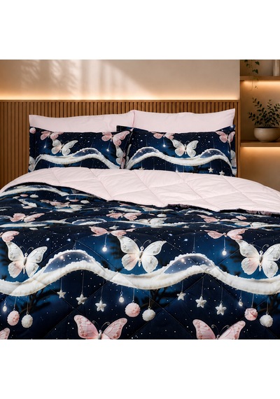 Starlight Butterfly Luxe Çift Kişilik Kelebek Desenli Premium Uyku Seti Çeyiz Seti Lastikli Çarşaflı %100 Pamuk Mavi