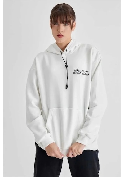 Vexor Kapüşonlu Sırt Baskılı Üç İplik Oversize Sweatshirt - Beyaz