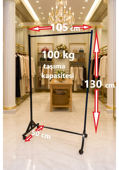 Premium 130 Cm Çelik Konfeksiyon 105 Cm En Elbise Askılık Tekerlekli Demonte Portmanto Hanger Siyah