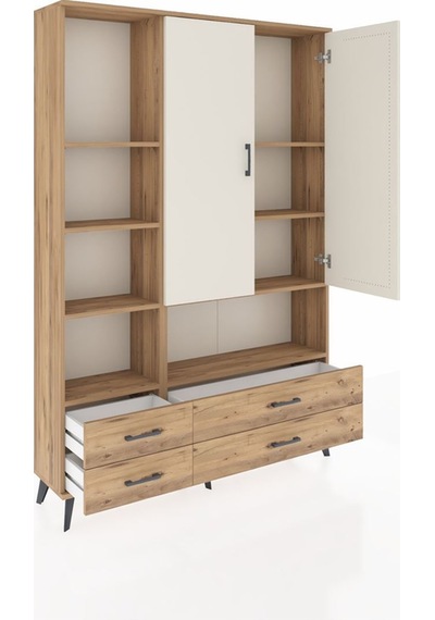 Arges Dolap 8 Raflı 4 Çekmeceli 2 Kapaklı 132x30x195 Çam-aytaşı/çam Aytası/atlas Çam