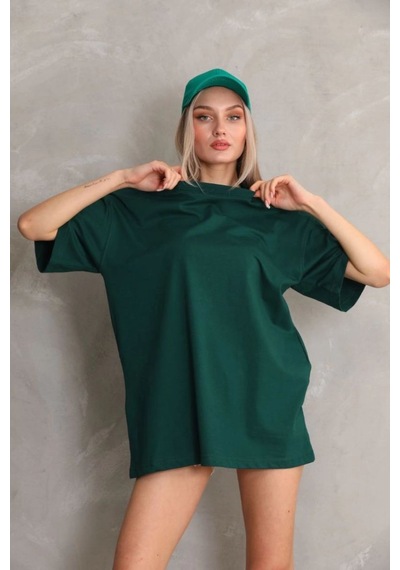 Kadın Düz Kısa Kol Penye T-shirt- Yeşil