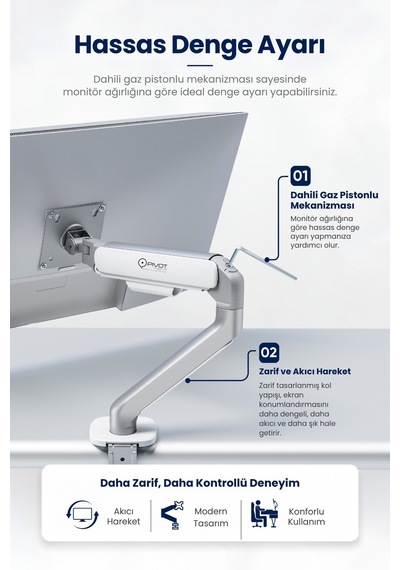 17-34" Lynx Series Gaz Pistonlu Monitör Kolu 10 Kg Kaldırma Vesa Uyumlu Stand Silver