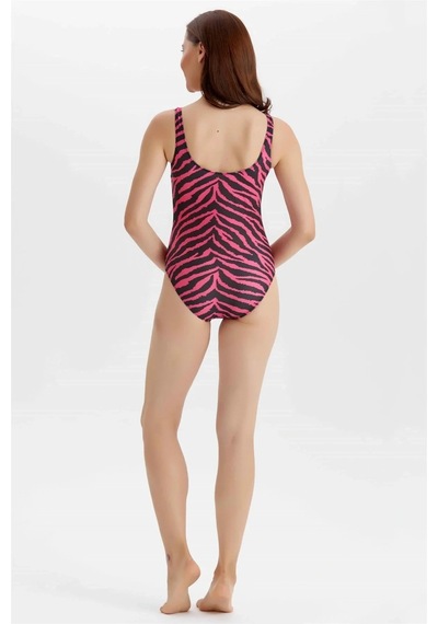 Kadın Pembe Zebra Desenli Yücüzü Mayo Pembe