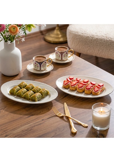 Porsima 4458 Burçak Porselen Platin Fileli Kayık Tabak Seti - Oval Kahvaltılık Sunumluk Seti 25cm Beyaz