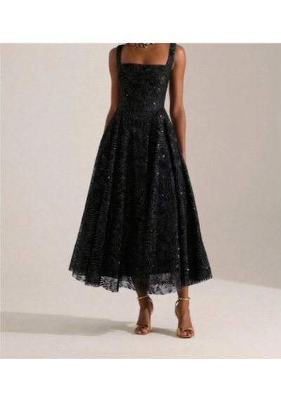 Uzer Abiye Işıltılı Sim Baskılı Jacquard Dokulu Kare Yaka Couture Premium Abiye Elbise,düğün Albisesi Siyah