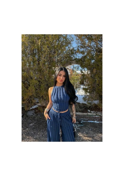 Evoa Kadın Lacivert Halter Yaka Crop & Bol Paça Pantolon Fırfır Detaylı Gagari Takım Lacivert Lacivert