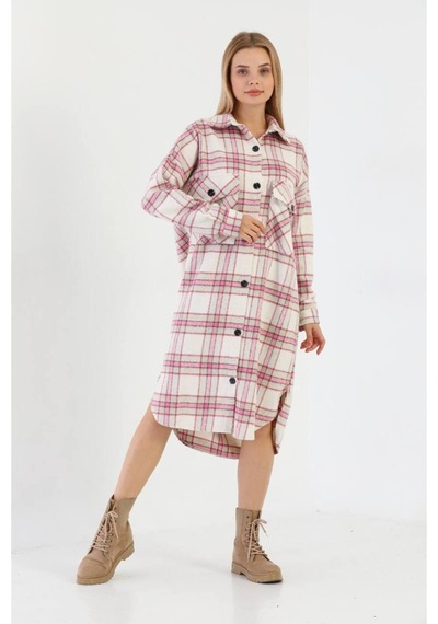 Polologin Butik Kışlık Oduncu Kumaş Uzun Gömlek Elbise Pembe
