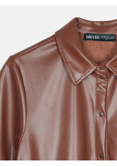 Dilvin 90934 Suni Deri Mini Gömlek Elbise-karamel Karamel