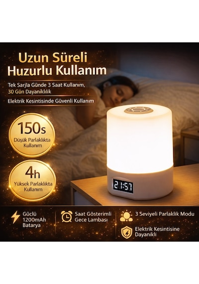 Polham 1200mah Şarjlı Saatli Dokunmatik Led Masa Lambası, 3 Işık Modlu, Parlaklık Ayarlı Gece Lambası Beyaz