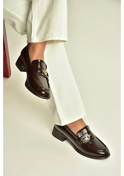 Fox Shoes Z820106460 Kahverengi Rustik Kalın Topuklu Loafer Ayakkabı