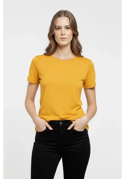 Kadın T-shirt Bisiklet Yaka Slim Fit Likralı Tişört Yazlık Basic Body - Sarı Sari