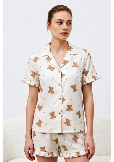 Kadın Premium Fırfırlı Kar Beeyaz Pijama Takımı Kar Beyaz