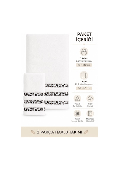 2 Parça Banyo Havlu Seti %100 Pamuk Leopar Deluxe 70x140 Cm + 50x90 Cm Beyaz