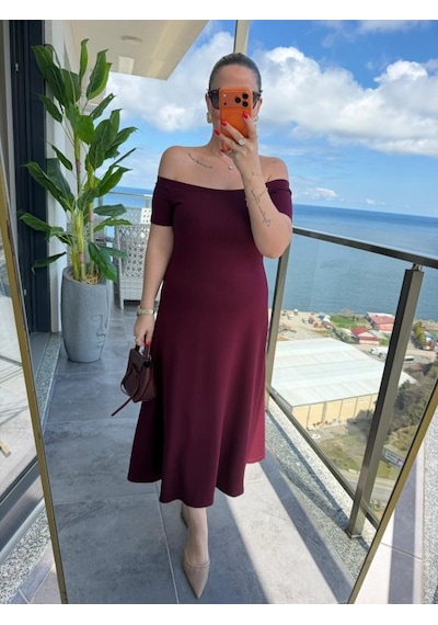 De'charme Kadın Madonna Yaka Midi Boy Modal Elbise Bordo