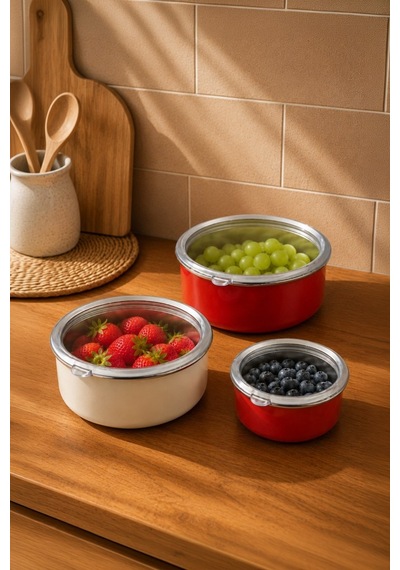 Bambum Lumino 3 Lü Emaye Saklama Kabı Kırmızı B7688 300+700+1000ml
