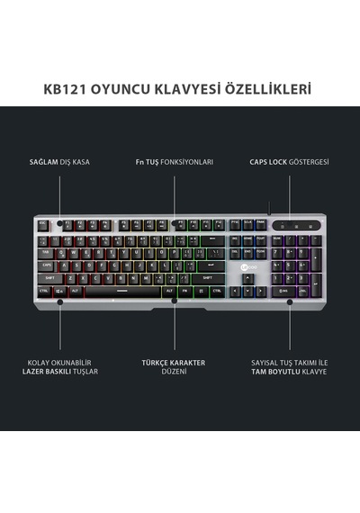 Kb121 Usb Kablolu Oyuncu Klavye - Makro Tuşlu, Rainbow Efektli, Mekanik Hisli Sessiz, Membran Gaming Türkçe Q Klavye Metalik Gri
