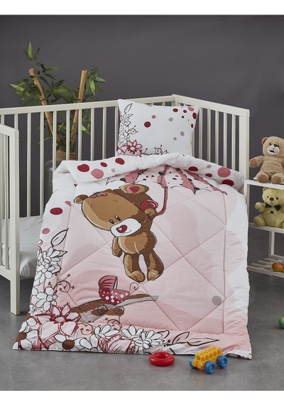 Komfort Home Ayıcık Baskılı %100 Pamuklu Silikon Elyaf Bebek Yorganı+Yastık