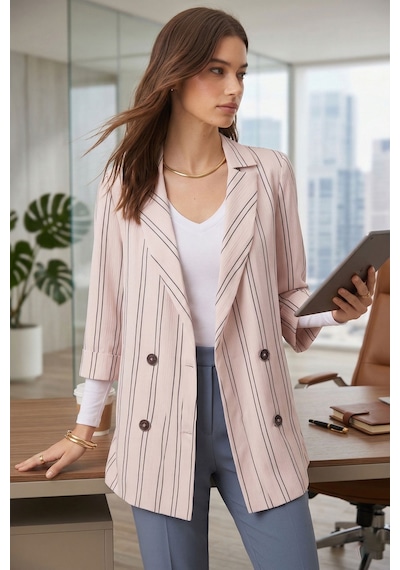 Armonika Kadın Krem Oversize Duble Kol Kruvaze Yaka Astarlı Blazer Ceket Arm-26k001052