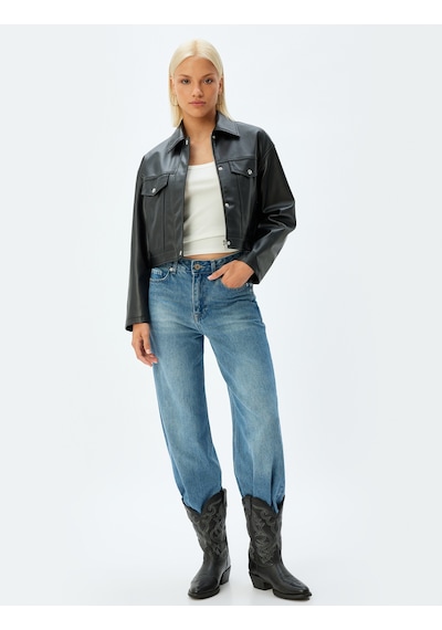 Koton Crop Suni Deri Ceket Fermuarlı Cepli Siyah 5sak20007ew Siyah