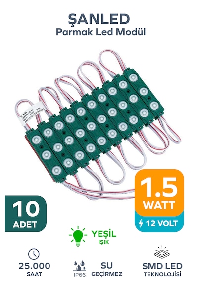 3 Ledli Parmak Led Modül 1.5w 2835 Smd Mercekli Yeşil Renk 12v 10 Adet
