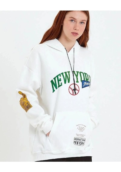 Mbb E-ticaret Kadın Oversize Kapüşonlu Cepli Ön Kol Baskılı 3 İplik Pamuklu Hoodie Sweatshirt - Beyaz