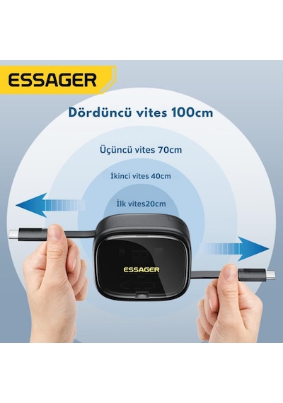 Essager 7in1 60w Çekilebilir Type C, Micro, Apple Uyumlu iPhone  Lightning Kablolu, Dönüştürücü, Sim Aparatlı Seyahat Seti