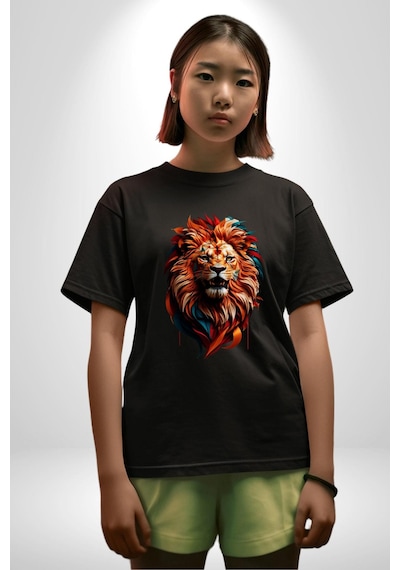 Renkli Kaplan Kükrüyor Pamuklu Bisiklet Yaka Unisex Oversize Boyfriend Dijital Baskılı Siyah T-shirt Siyah