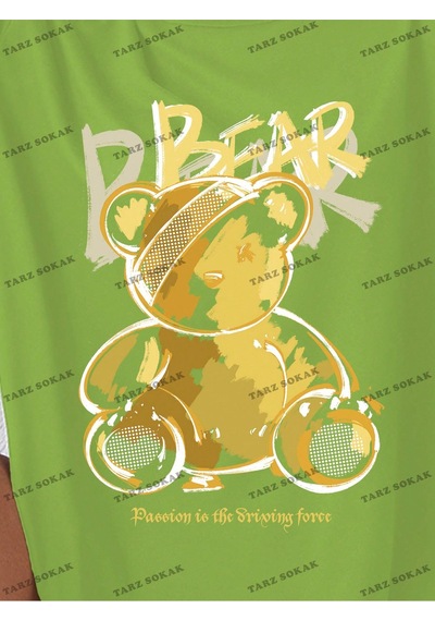 Noıssey Unisex Bay Ayı & Slogan Baskılı Kadın T-shirt Kod-1338 Yeşil