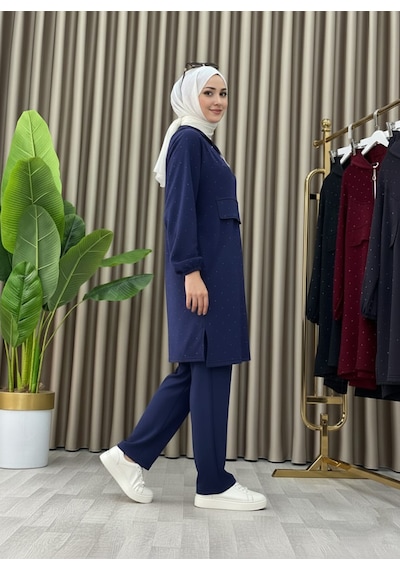 Mismoly Taş Detaylı Kapüşonlu Fermuarlı İkili Tunik Takım Lacivert