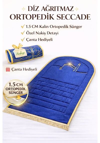 Ortopedik Namaz Seccadesi 1.5 Cm Kalın Sünger Diz Ağrıtmaz Kaymaz Taban Çantalı Lüks Seccade Lacivert