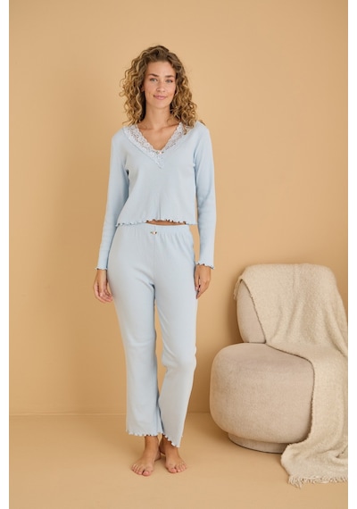Siyah İnci Pamuklu Dantelli Fitilli Örme Pijama Takım25226005 mavi