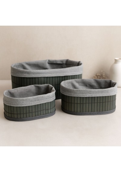 Oval Bambu Kenarlı 3'lü Organizer Sepet Seti - Gri Çok Renkli