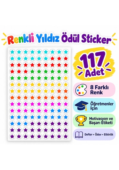 117'li Renkli Yıldız Sticker Öğretmen Ödül Ve Motivasyon Etiketi Yuvarlak Çıkartma Çok Renkli