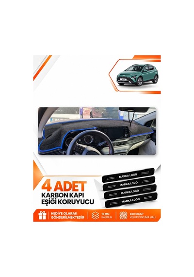 Hyundai Bayon 2021-2026 Uyumlu Ön Torpido Koruma Kılıfı Halısı Örtüsü - Siyah Mavi