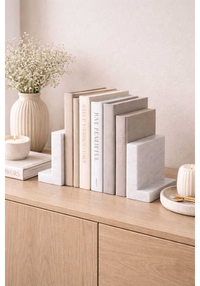Masif Beyaz Mermer Kitap Tutucu 2 Li Set - Minimal L Tip Dekoratif Bookend Ofis & Salon Raf Aksesuaı