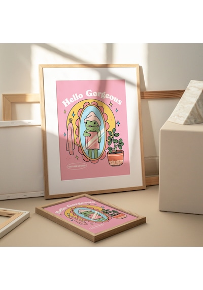 Kız Kurbağası Öz Sevgi Duvar Baskısı, Pozitiflik Merhaba Güzellik Sözü, Pembe Retro Posterler