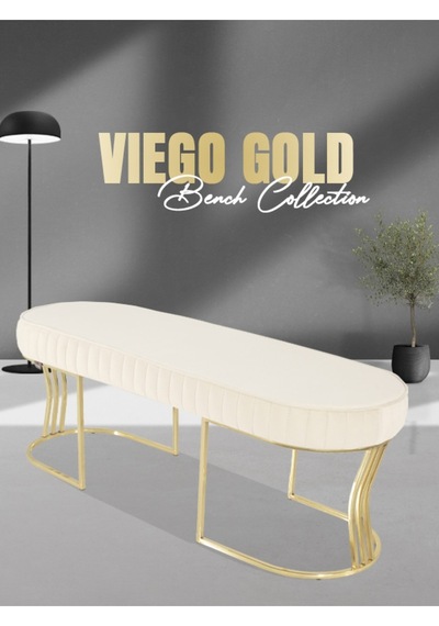 Viego Gold Striped- Beyaz Kapitoneli Chester Model Puf & Bench & Koltuk & Uzun Makyaj Puff & Yatak Ucu &önü
