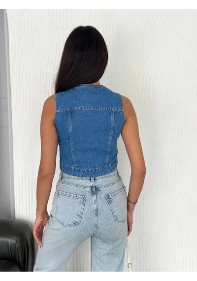 Ertaştrendstore Kot Jeans Kadın Yelek - Mavi Çok Renk