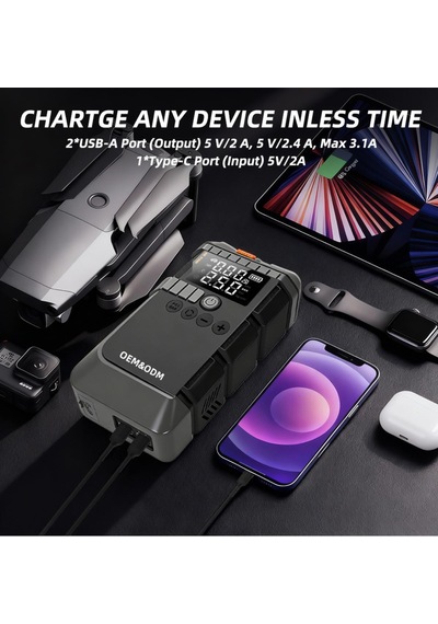 Akü Takviye Cihazı Lastik Hava Kompresörü Uyarı Işıklı Ve Powerbanklı 19.800 Mah Şarjlı Taşınabilir